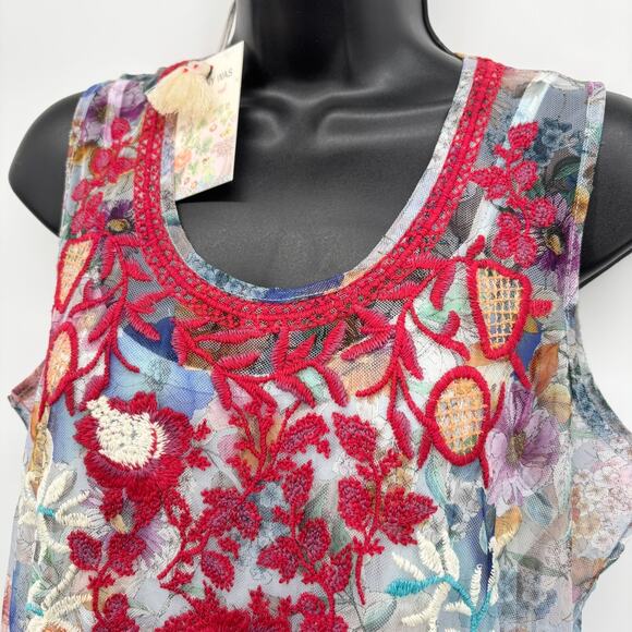 Johnny Was Biya Maxi Dress S Embroidered Mesh Floral Sheer Sleeveless Slip Mazzy - Picture 4 of 12